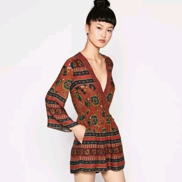 Zara Other - Zara Floral Boho Bell Sleeve Short Romper Jumpsuit